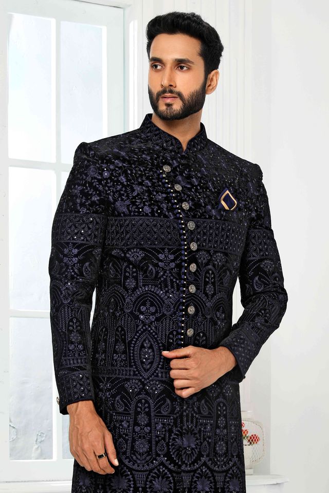 Raivat Ethnic Art Silk Embroidery Work Sherwani In Navy Blue Colour