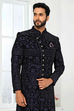 Thumbnail for Raivat Ethnic Art Silk Embroidery Work Sherwani In Navy Blue Colour