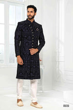 Thumbnail for Raivat Ethnic Art Silk Embroidery Work Sherwani In Navy Blue Colour