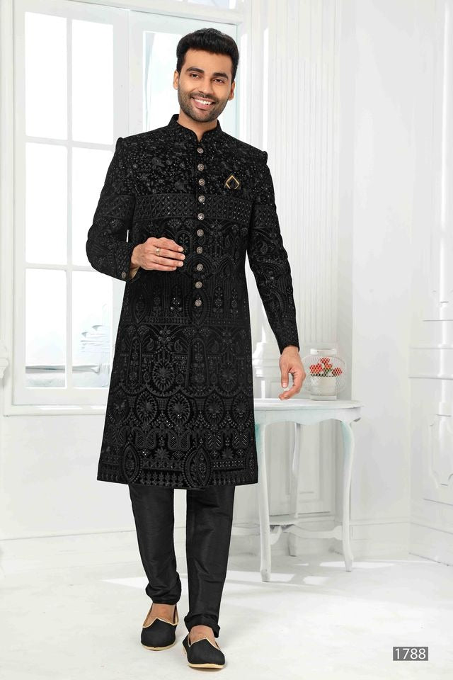 Raivat Ethnic Art Silk Embroidery Work Sherwani In Black Colour