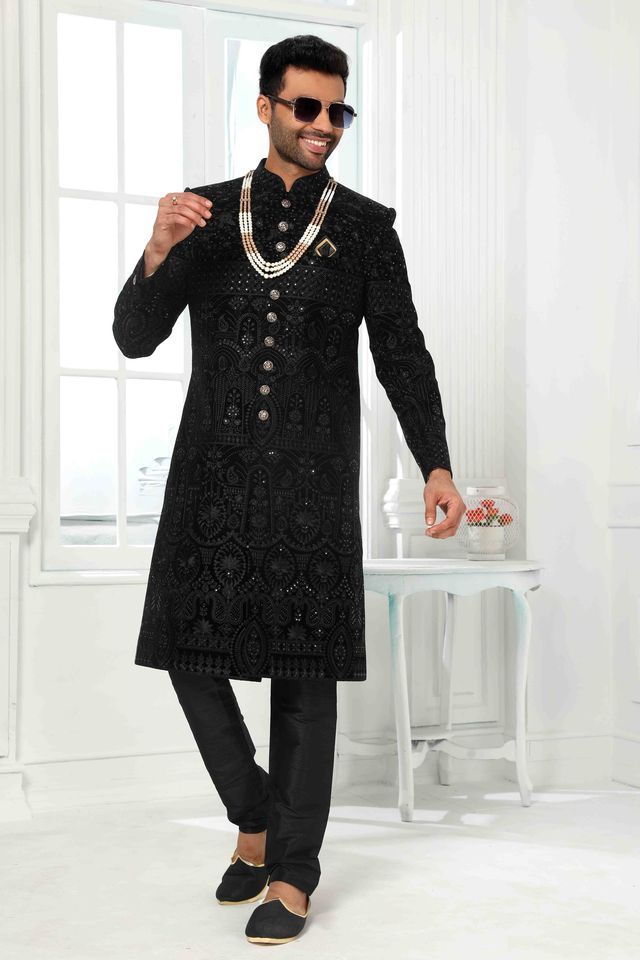 Raivat Ethnic Art Silk Embroidery Work Sherwani In Black Colour - Distacart
