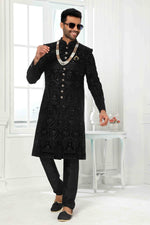 Thumbnail for Raivat Ethnic Art Silk Embroidery Work Sherwani In Black Colour
