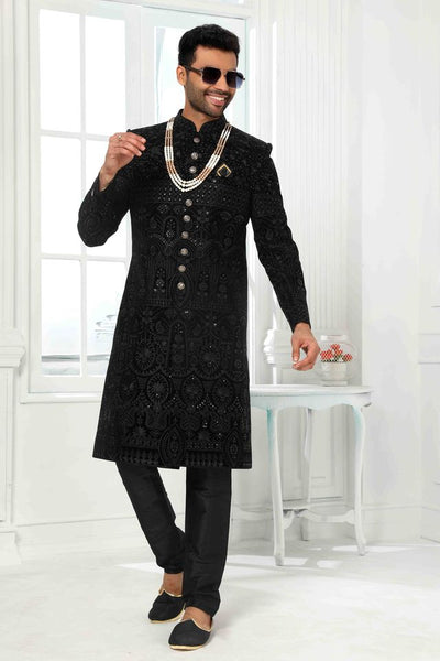 Raivat Ethnic Art Silk Embroidery Work Sherwani In Black Colour