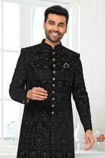 Thumbnail for Raivat Ethnic Art Silk Embroidery Work Sherwani In Black Colour