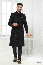 Thumbnail for Raivat Ethnic Art Silk Embroidery Work Sherwani In Black Colour
