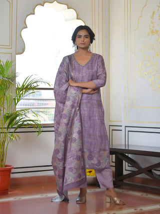 Vaasva Women's Purple Grey Silk Digital Printed Suit Set - Distacart