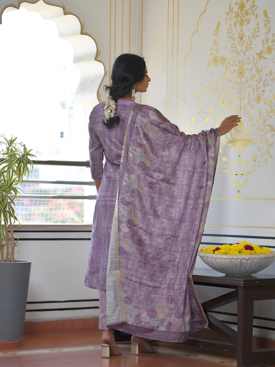 Vaasva Women's Purple Grey Silk Digital Printed Suit Set - Distacart