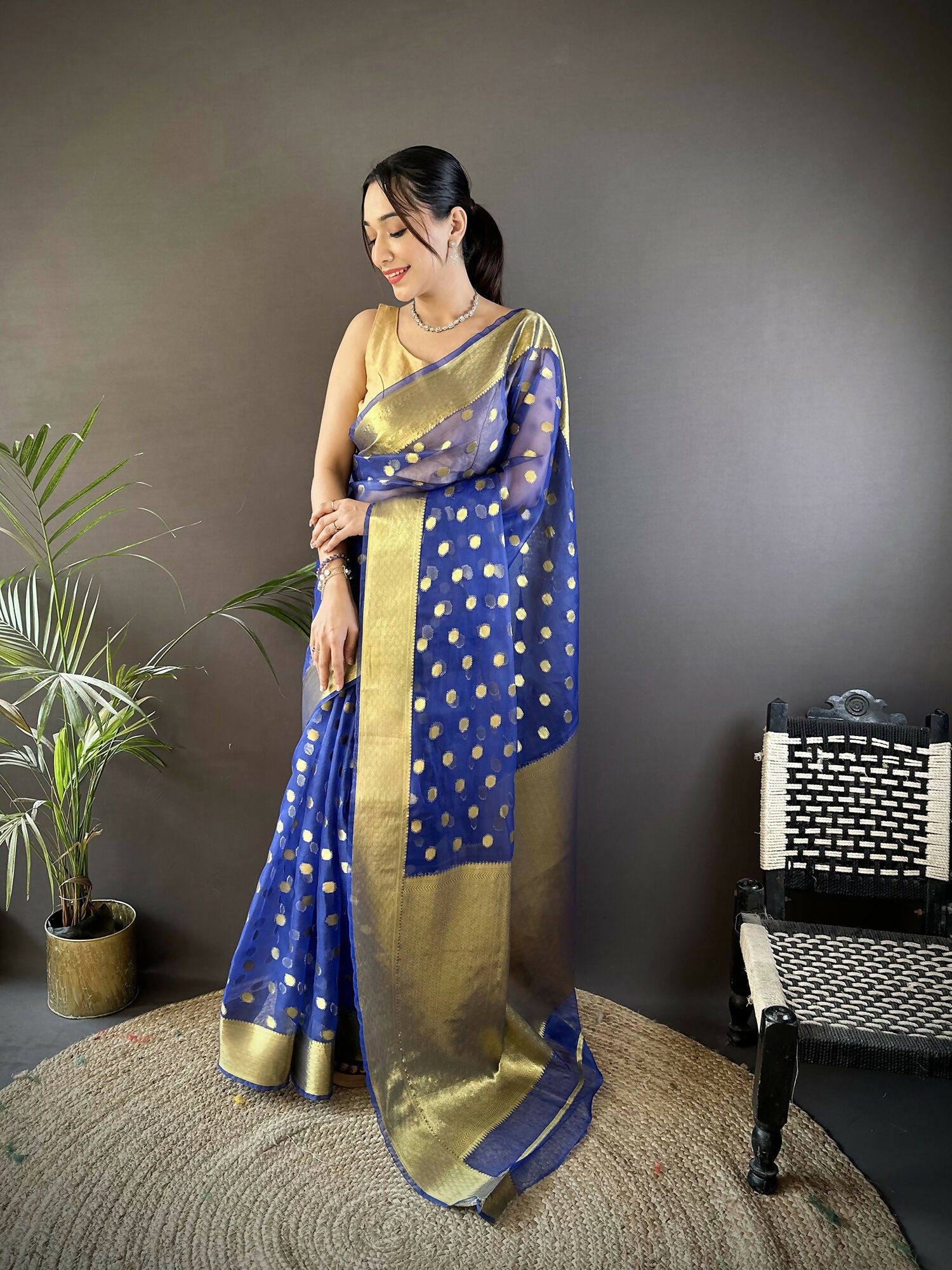 Joban Fashion Royal Blue Polka-Dot Zari Woven Organza Silk Banarasi Silk Saree