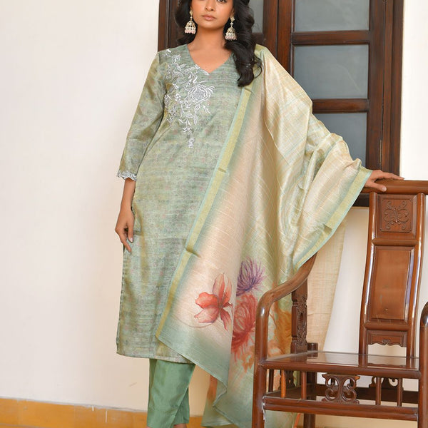 Vaasva Women's Pistachio Tissue Shimmer Digital Printed Suit Set - Distacart