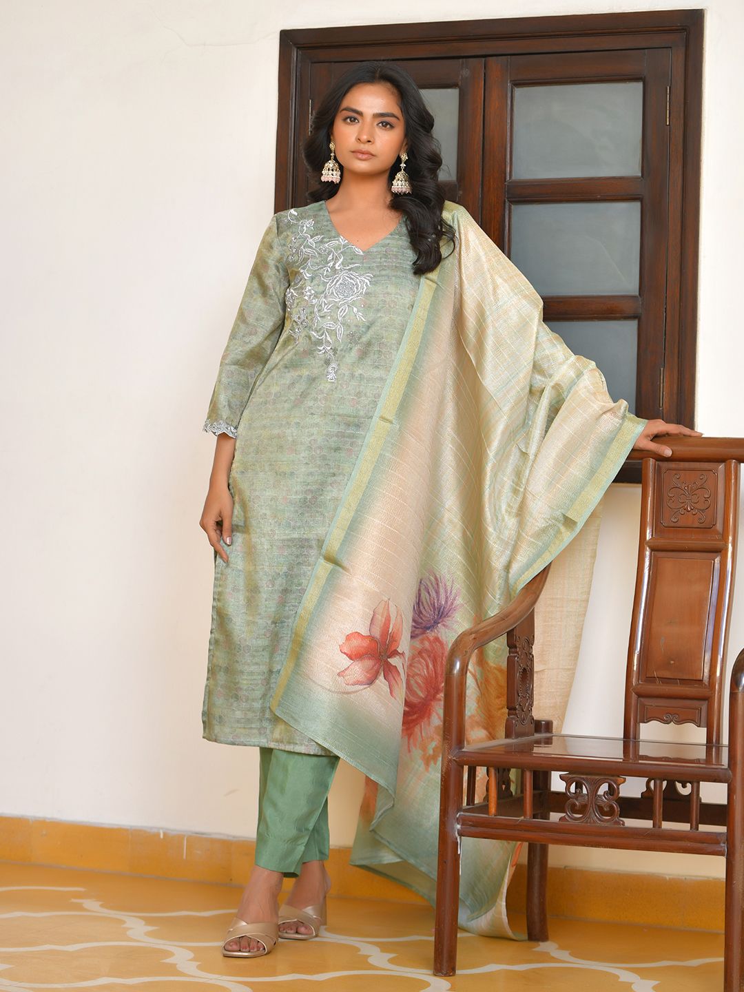Vaasva Women's Pistachio Tissue Shimmer Digital Printed Suit Set - Distacart