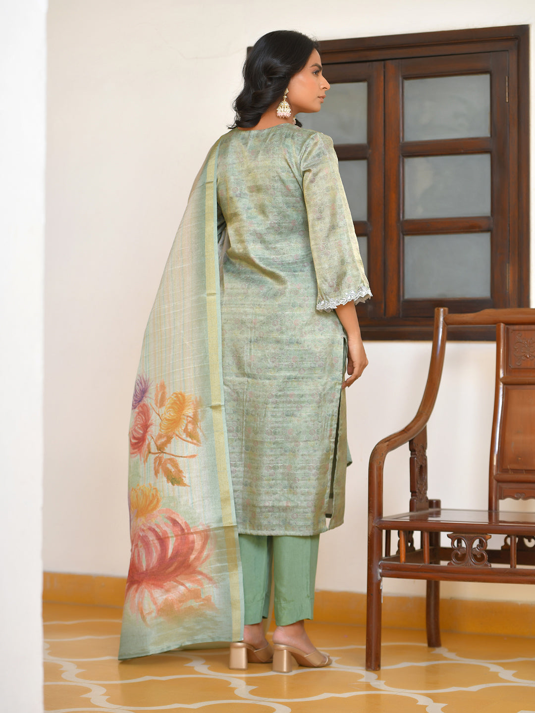 Vaasva Women's Pistachio Tissue Shimmer Digital Printed Suit Set - Distacart