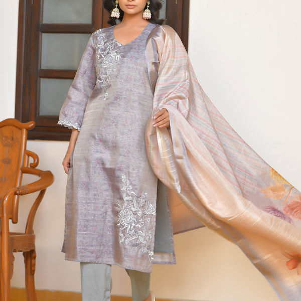 Vaasva Women's Shadow Grey Tissue Shimmer Digital Printed Suit Set - Distacart