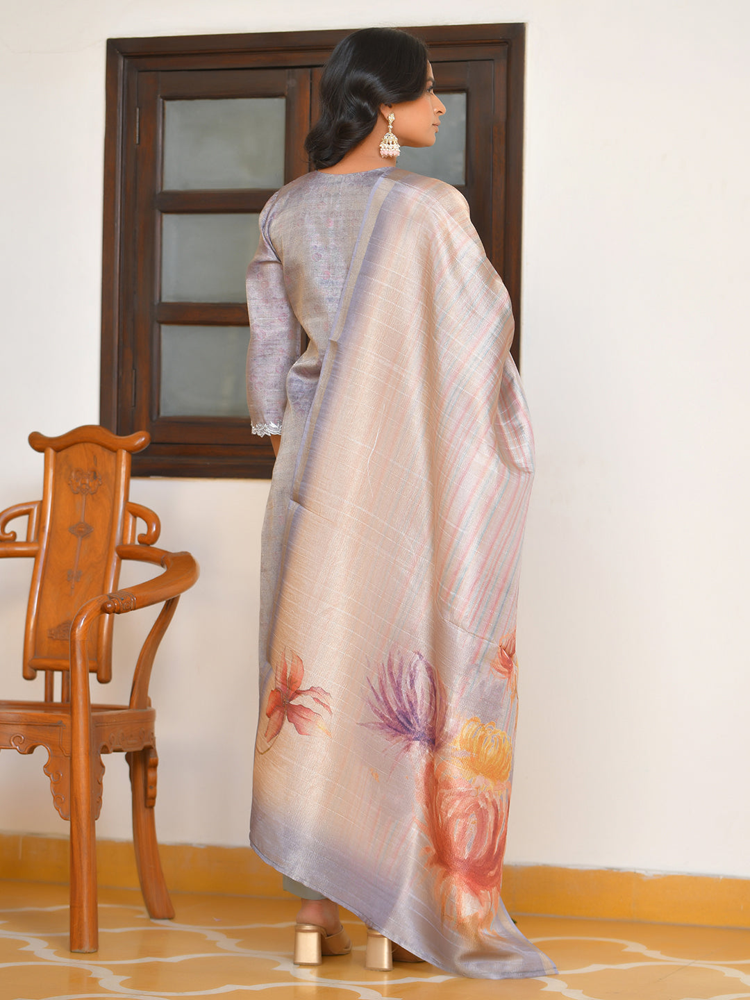 Vaasva Women's Shadow Grey Tissue Shimmer Digital Printed Suit Set - Distacart