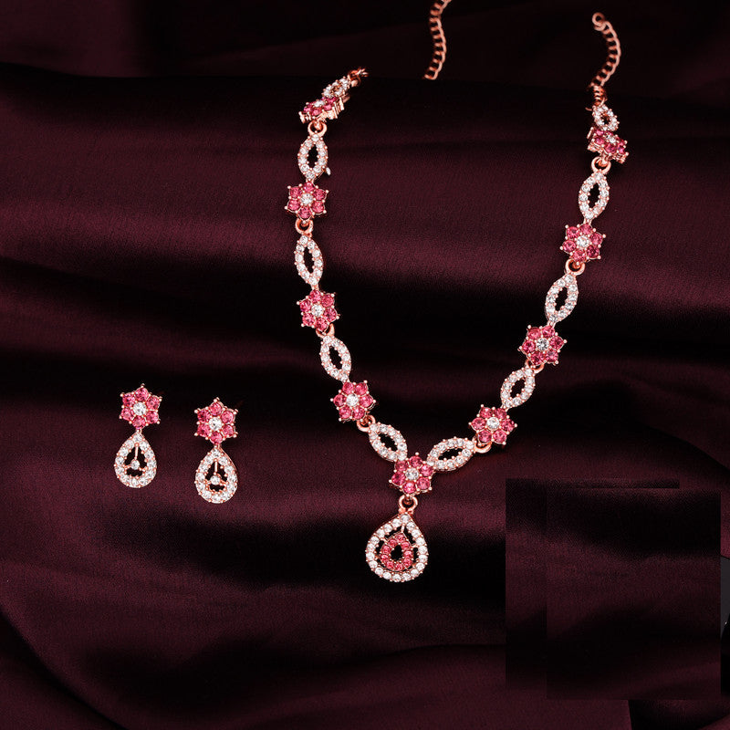 Tehzeeb Creations Elegant Rose Gold Polished American Diamond (Ad) Studded Necklace And Earring Set For Women - Distacart