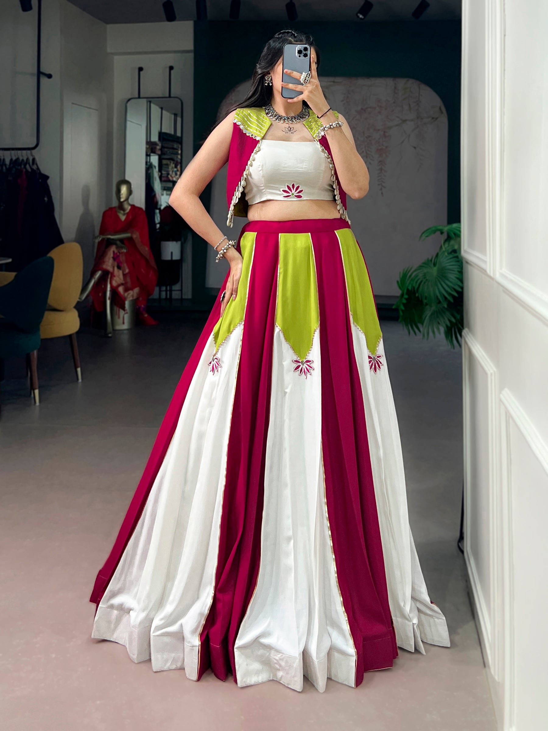 Lorenvalley Fashion Multicolor Pure Rayon With Contrast Panel Design With Gota Patti Lace Lehenga Choli - Dista