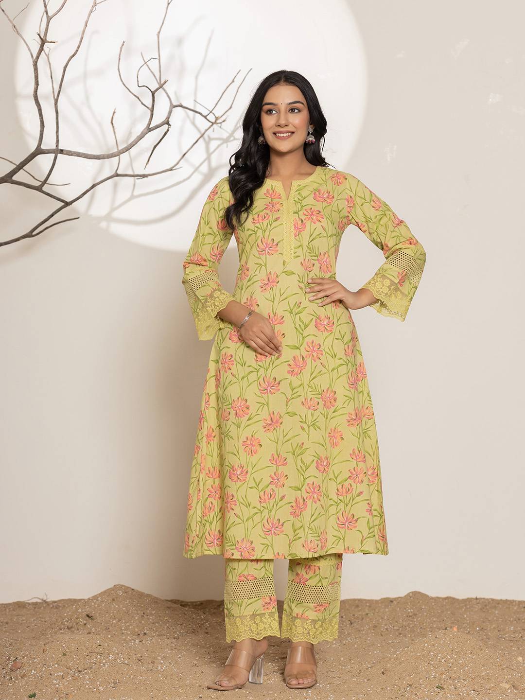 Yufta Green Cotton A-Line Kurta Set - Distacart