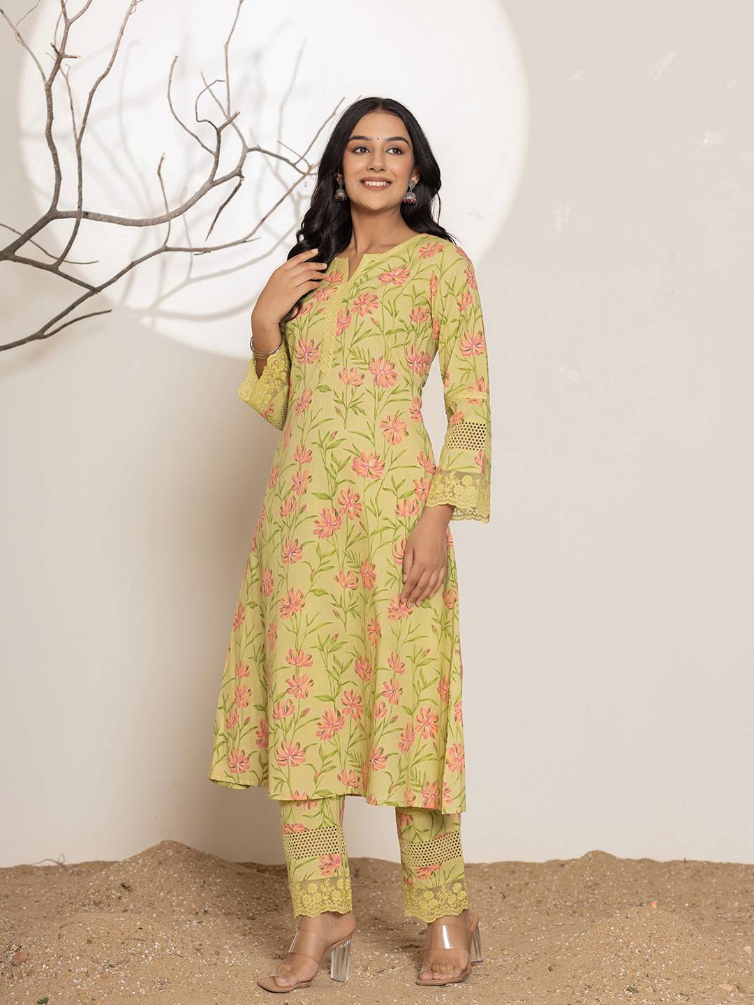 Yufta Green Cotton A-Line Kurta Set - Distacart