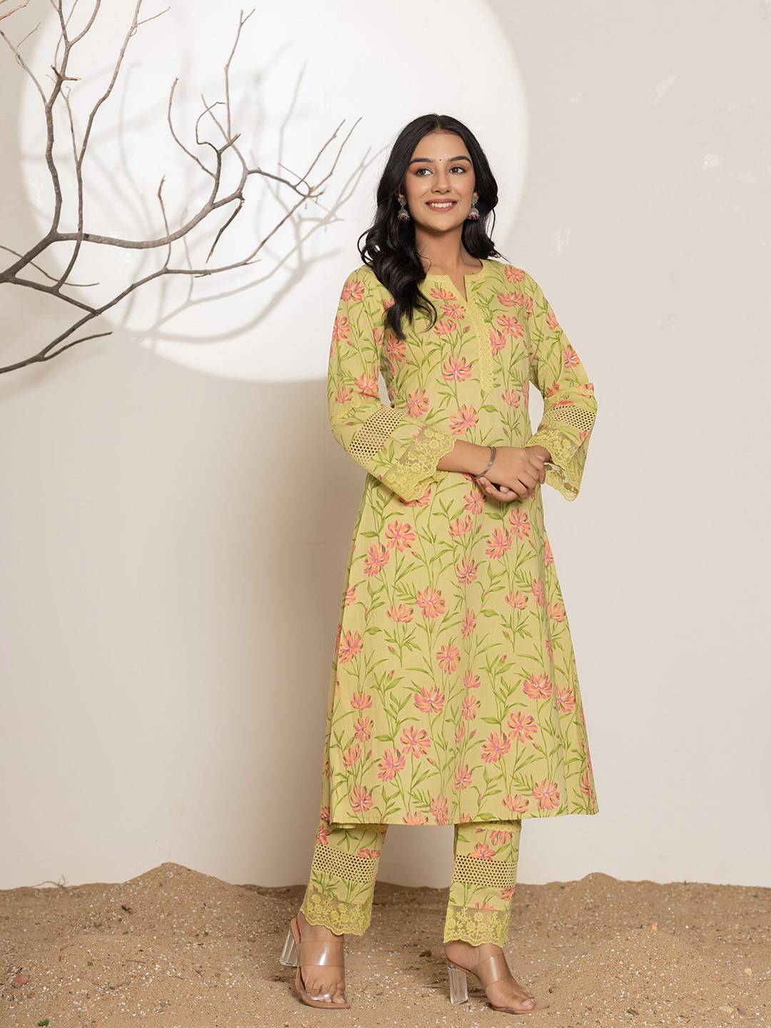 Yufta Green Cotton A-Line Kurta Set - Distacart