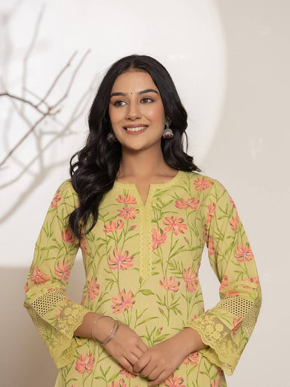 Yufta Green Cotton A-Line Kurta Set - Distacart