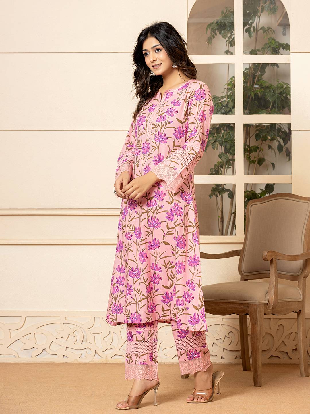 Yufta Pink Cotton Straight Pakistani Style Kurta Set - Distacart