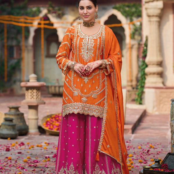 Evanik Orange and Magenta Chinon Silk with Embroidered and Sequence work Palazzo Suit