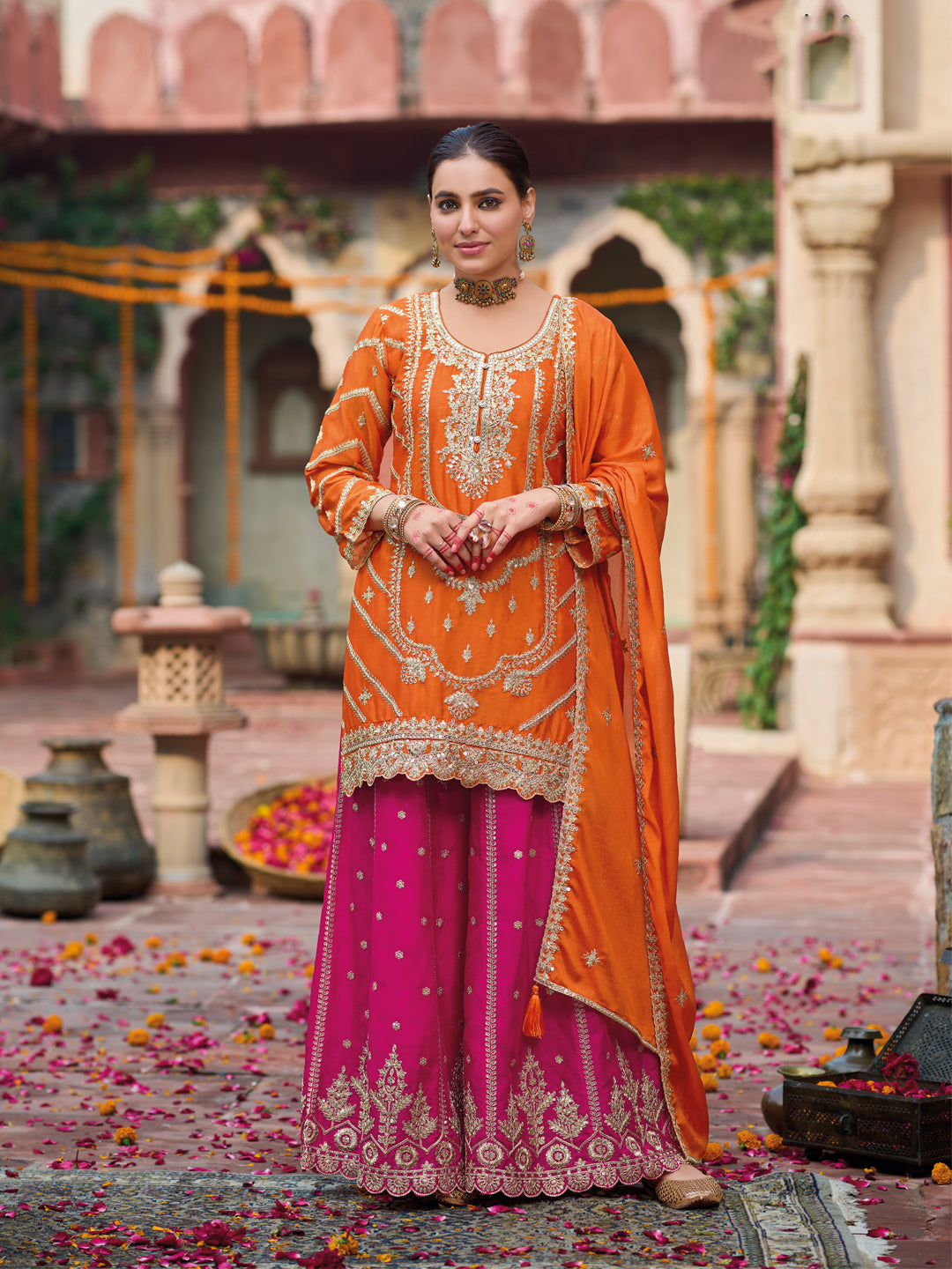 Evanik Orange and Magenta Chinon Silk with Embroidered and Sequence work Palazzo Suit