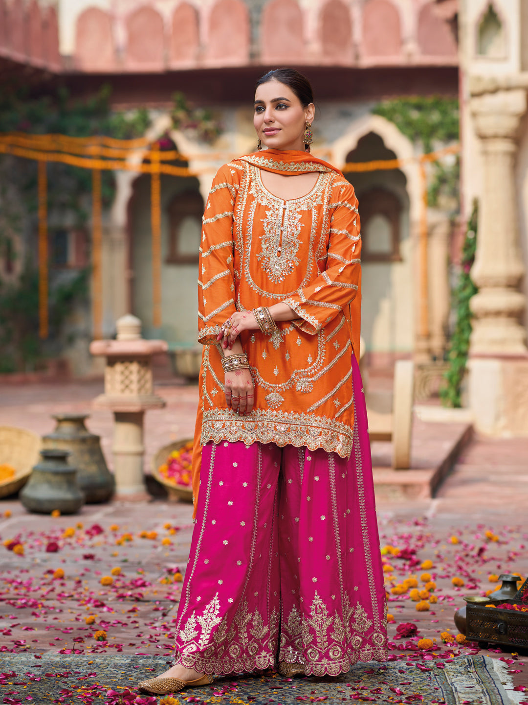 Evanik Orange and Magenta Chinon Silk with Embroidered and Sequence work Palazzo Suit