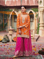 Thumbnail for Evanik Orange and Magenta Chinon Silk with Embroidered and Sequence work Palazzo Suit