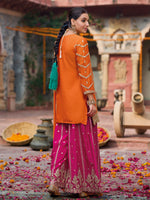 Thumbnail for Evanik Orange and Magenta Chinon Silk with Embroidered and Sequence work Palazzo Suit