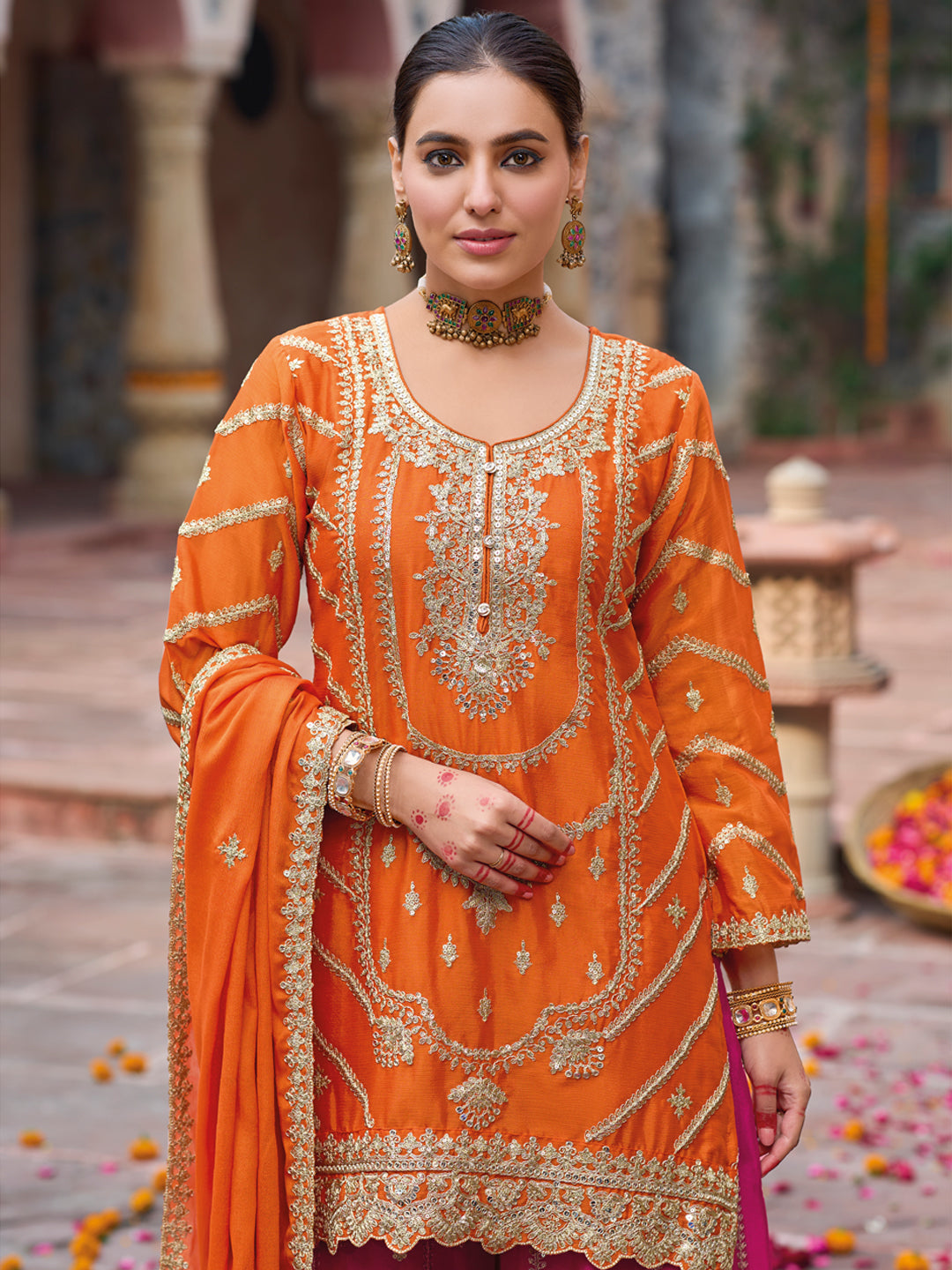 Evanik Orange and Magenta Chinon Silk with Embroidered and Sequence work Palazzo Suit
