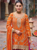 Thumbnail for Evanik Orange and Magenta Chinon Silk with Embroidered and Sequence work Palazzo Suit