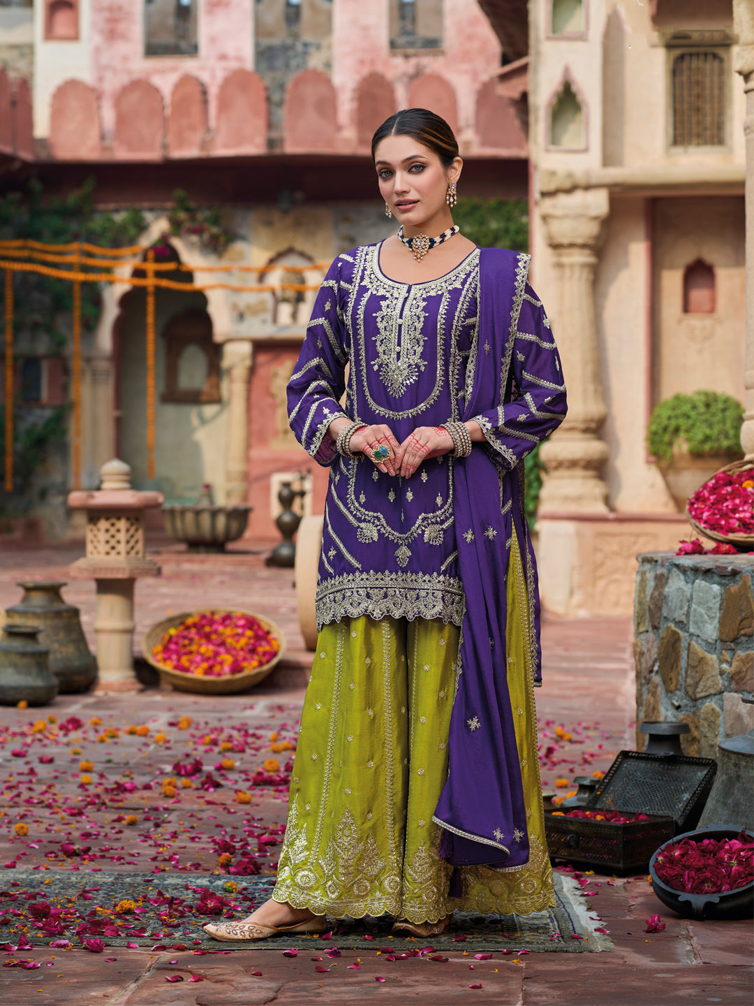 Evanik Purple and Parrot Green Chinon Silk with Embroidered and Sequence work Palazzo Suit
