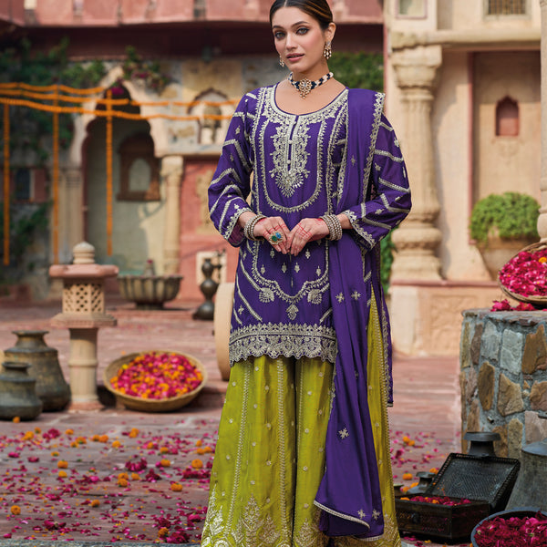 Evanik Purple and Parrot Green Chinon Silk with Embroidered and Sequence work Palazzo Suit