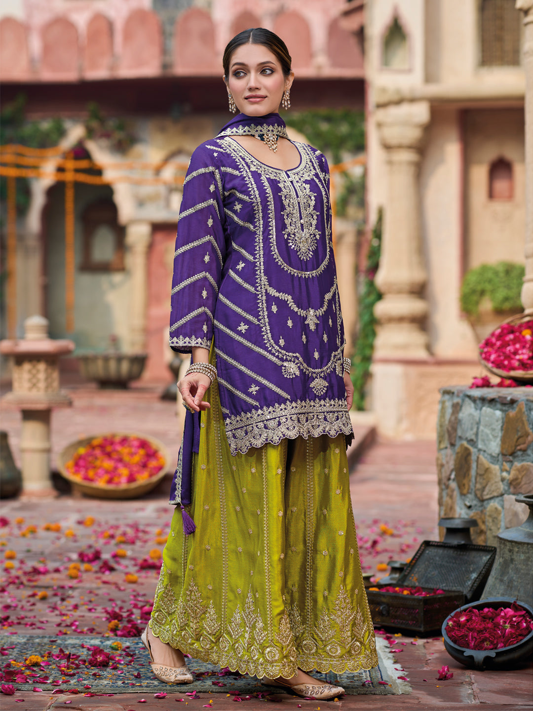 Evanik Purple and Parrot Green Chinon Silk with Embroidered and Sequence work Palazzo Suit