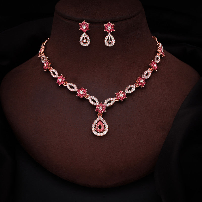 Tehzeeb Creations Elegant Rose Gold Polished American Diamond (Ad) Studded Necklace And Earring Set For Women - Distacart