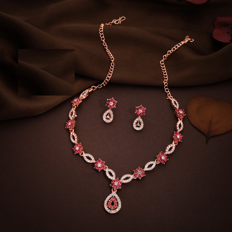 Tehzeeb Creations Elegant Rose Gold Polished American Diamond (Ad) Studded Necklace And Earring Set For Women - Distacart
