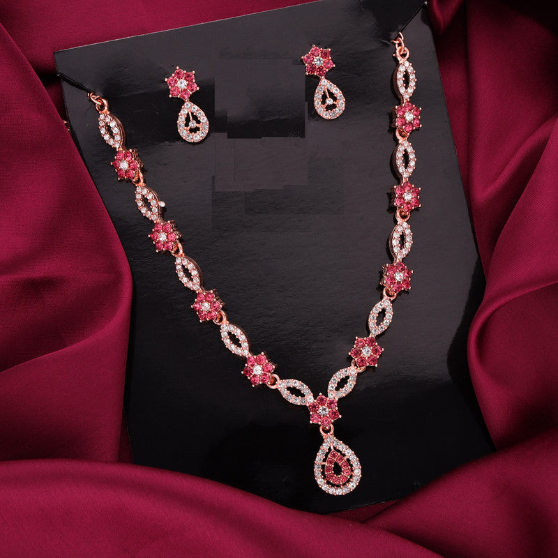 Tehzeeb Creations Elegant Rose Gold Polished American Diamond (Ad) Studded Necklace And Earring Set For Women - Distacart