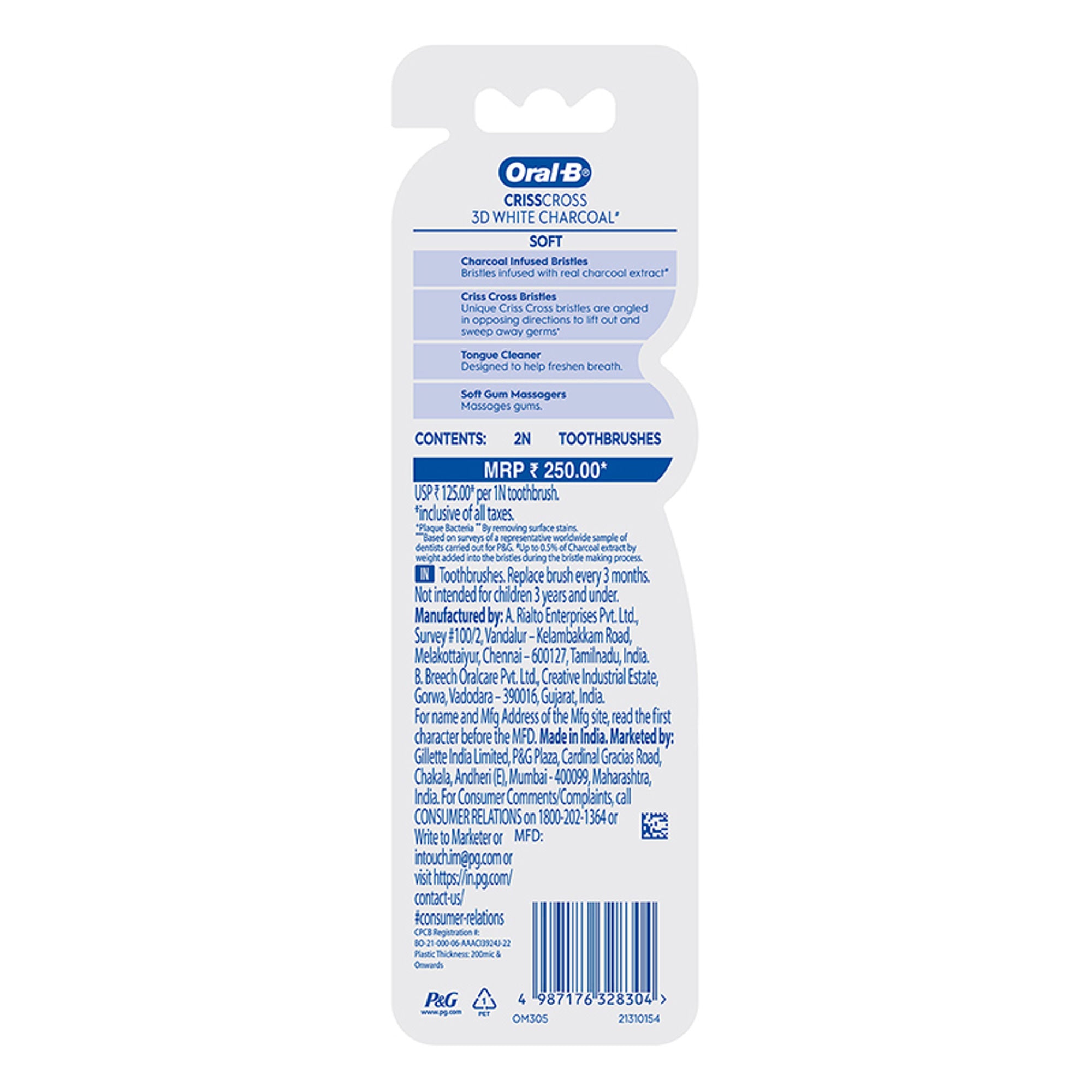 Oral-B 3D White Charcoal Soft Toothbrush For Adults (Pack Of 2) - Distacart