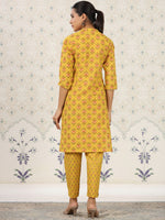 Thumbnail for Ode by House of Pataudi Ethnic Motifs Printed Band Collar Pure Cotton Kurta with Trousers - Distacart