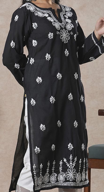 ADA Women Sustainable Black & White Paisley Chikankari Hand Embroidered Straight Kurta - Distacart