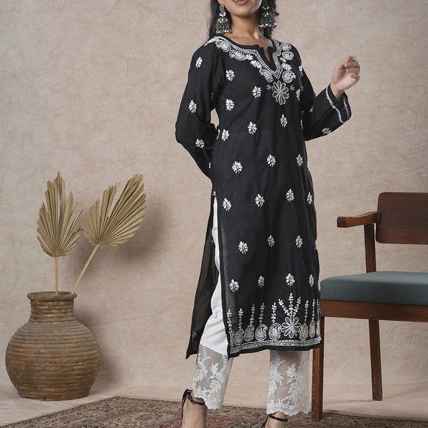 ADA Women Sustainable Black & White Paisley Chikankari Hand Embroidered Straight Kurta - Distacart