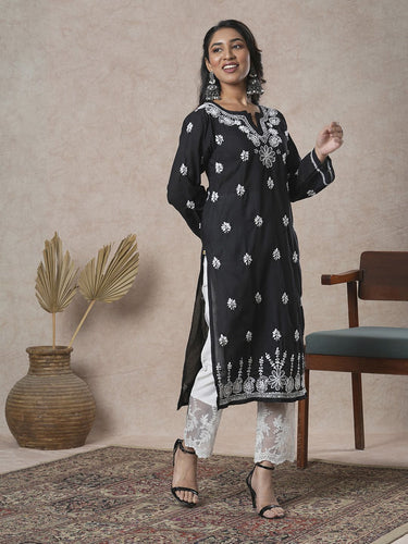 ADA Women Sustainable Black & White Paisley Chikankari Hand Embroidered Straight Kurta