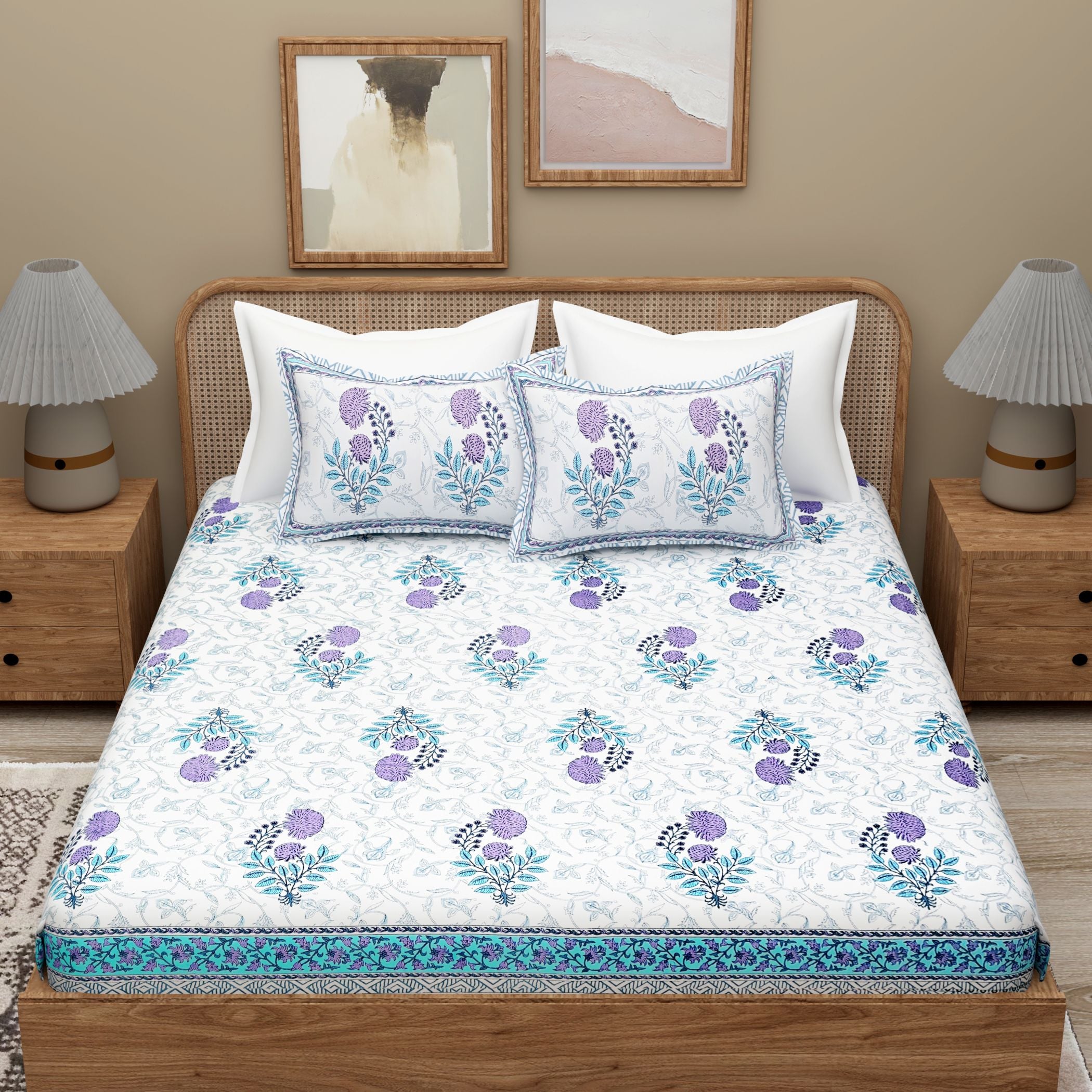 White Blue Ethnic Motifs Cotton 300TC King Bedsheet With 2 Zipper Pillow Covers - Super King Size by House of Ree - Distacart