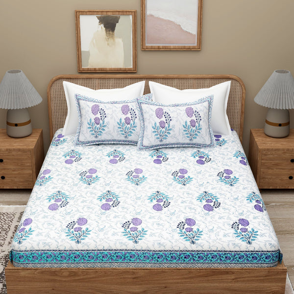 White Blue Ethnic Motifs Cotton 300TC King Bedsheet With 2 Zipper Pillow Covers - Super King Size by House of Ree - Distacart