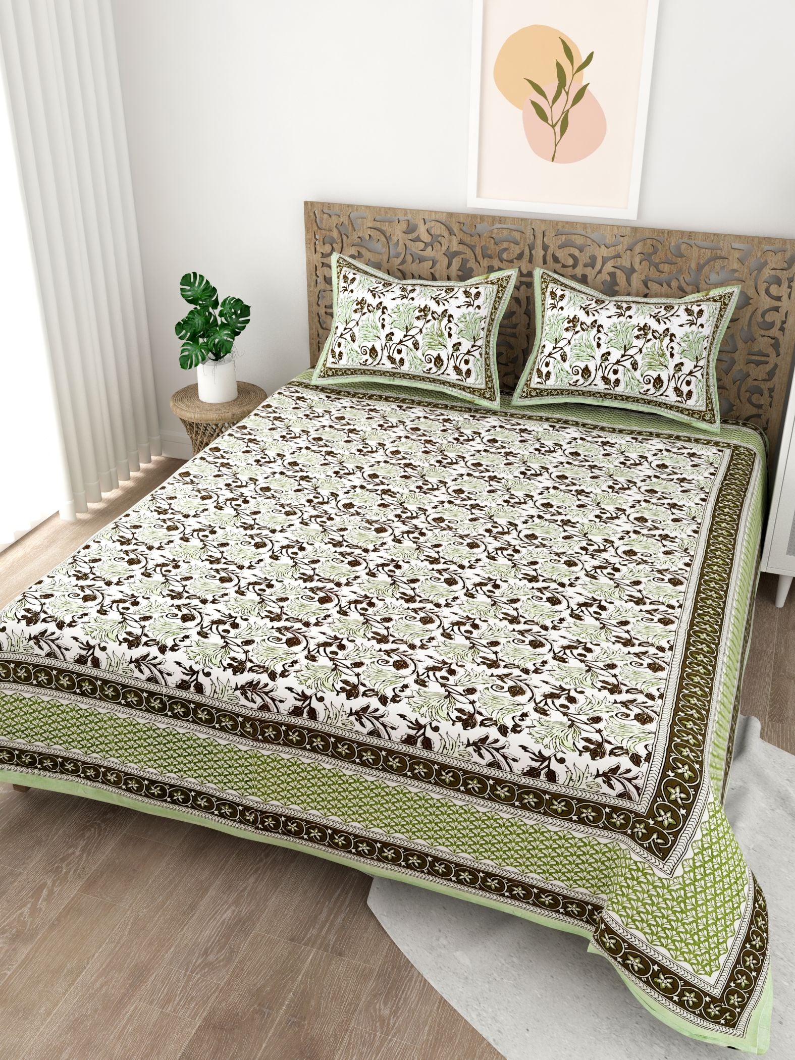 Green White Floral Printed Cotton 200TC King Bedsheet With 2 Zipper Pillow Covers - King Size by House of Ree - Distacart