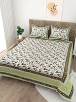 Thumbnail for Green White Floral Printed Cotton 200TC King Bedsheet With 2 Zipper Pillow Covers - King Size by House of Ree - Distacart