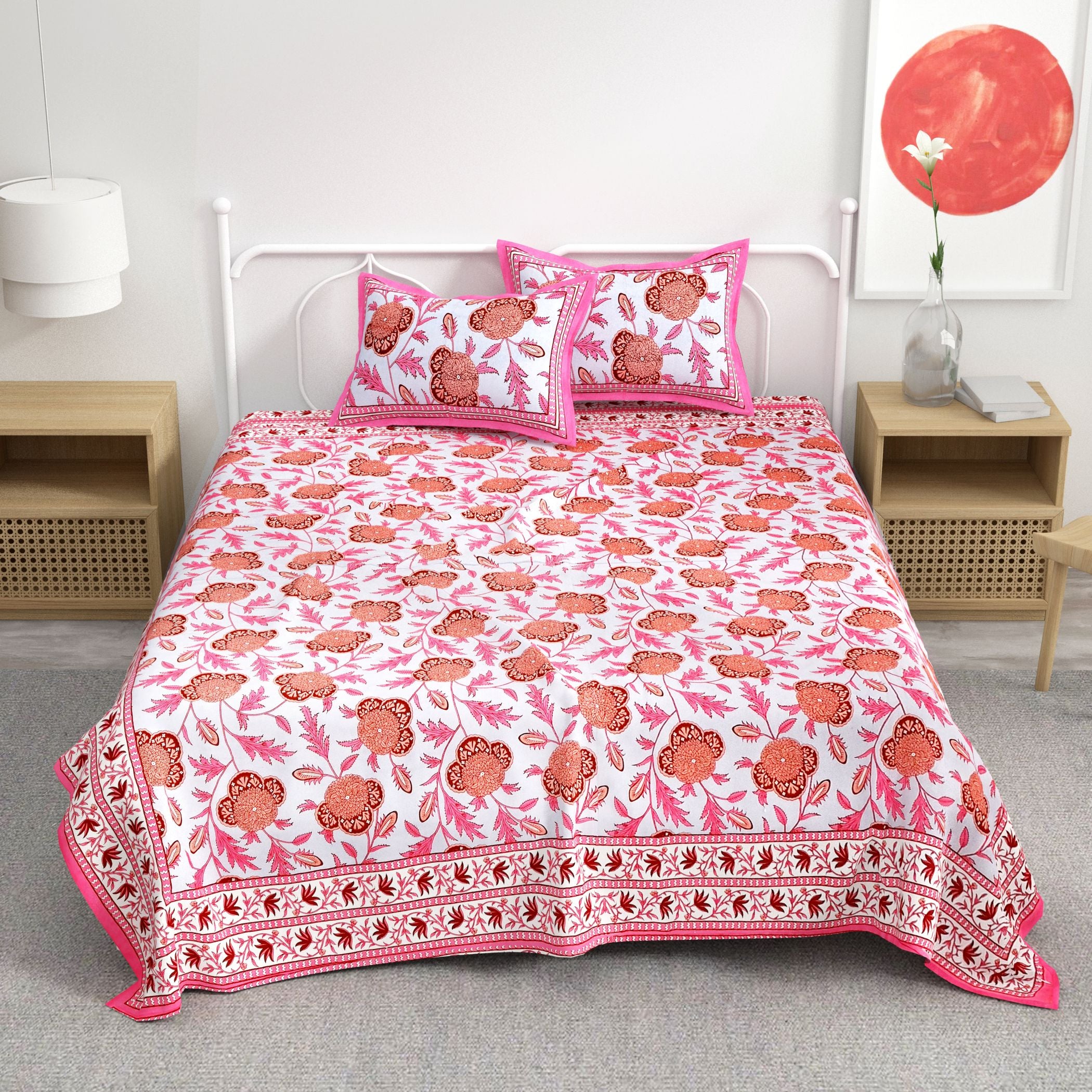 Pink Floral Design Cotton 300TC Super King Bedsheet With 2 Zipper Pillow Covers - King Size by House of Ree - Distacart