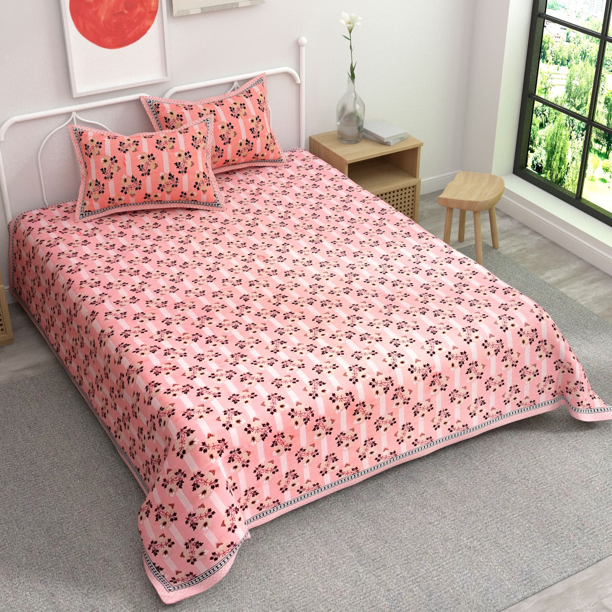 Light Pink Ethnic Motifs Cotton 220 TC King Bedsheet With 2 Zipper Pillow Covers - King Size by House of Ree - Distacart