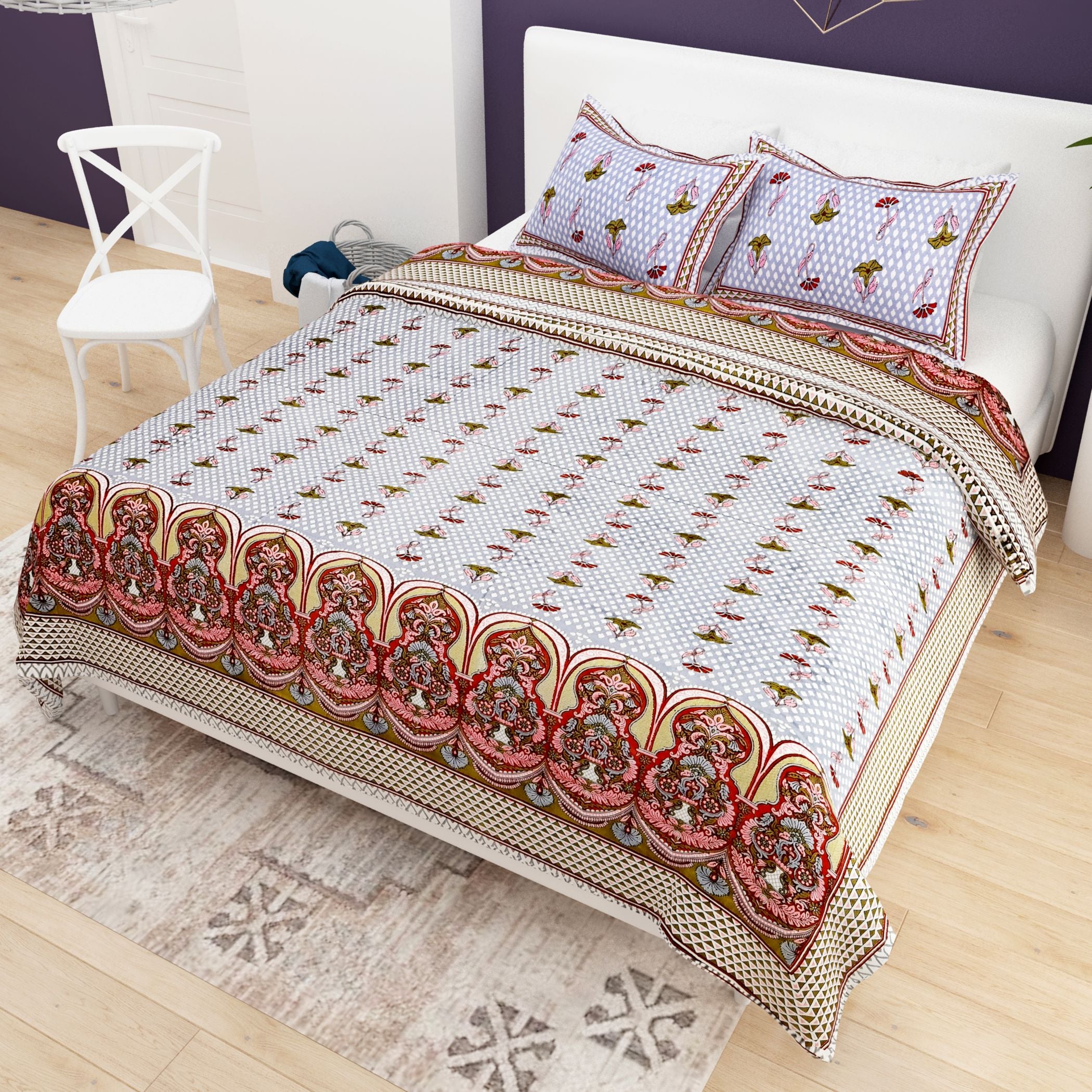 Yellow White Ethnic Motifs Cotton 200TC King Bedsheet With 2 Zipper Pillow Covers - King Size by House of Ree - Distacart