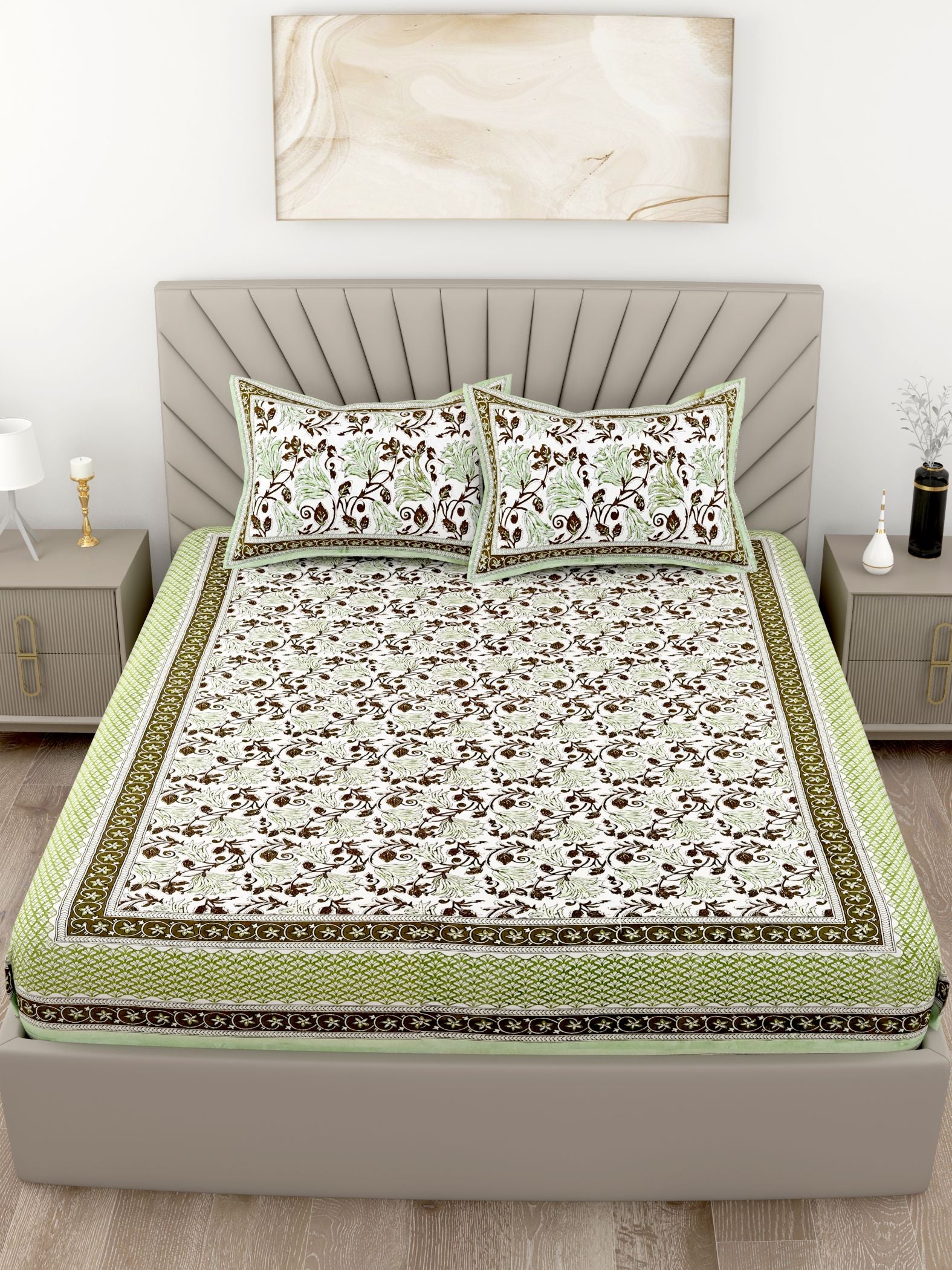 Green White Floral Printed Cotton 200TC King Bedsheet With 2 Zipper Pillow Covers - King Size by House of Ree - Distacart
